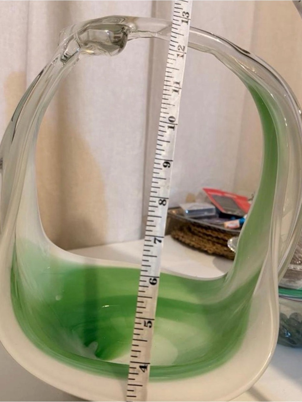 Vintage MCM Hand Blown Murano Style Green White Cased Art Glass Basket Bowl 12.5 - Picture 8 of 8